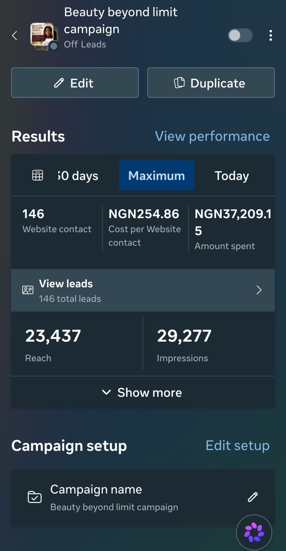 Meta Ads campaign performance screenshot for the Classytoks Makeovers training campaign