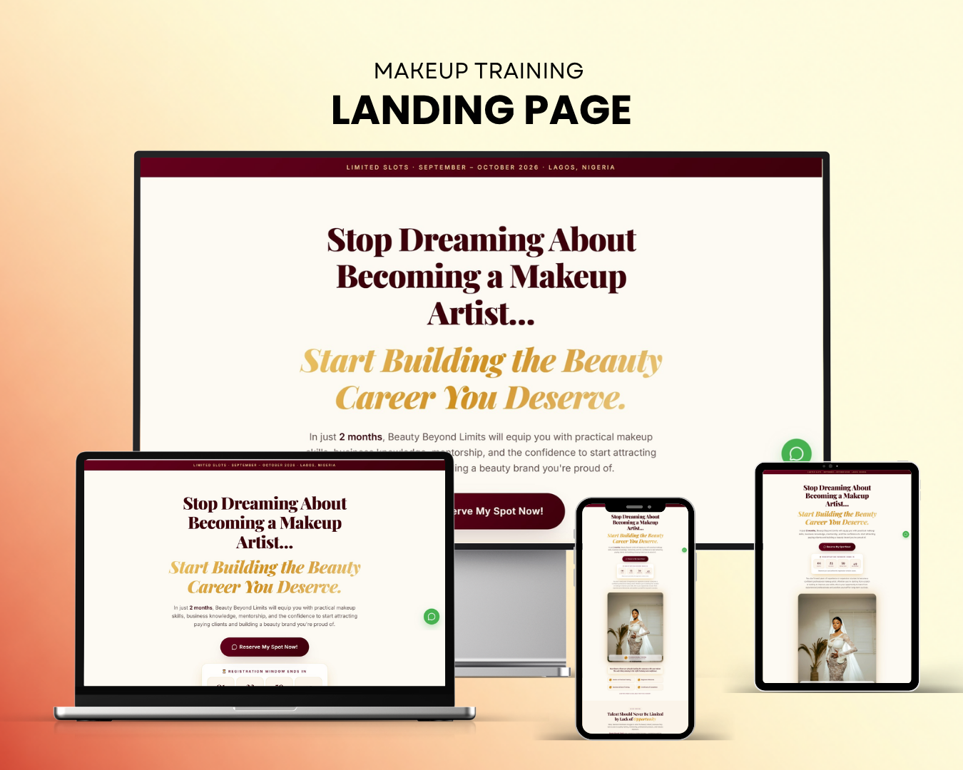 Responsive preview of the Classytoks Makeovers makeup training landing page on desktop, tablet and mobile