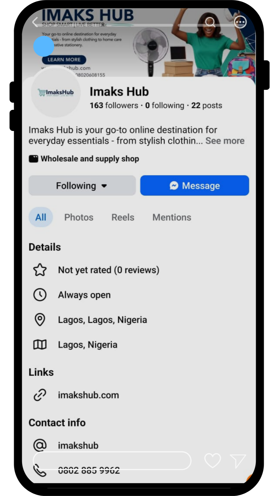 ImaksHub Facebook business page showing cover art, bio and business details