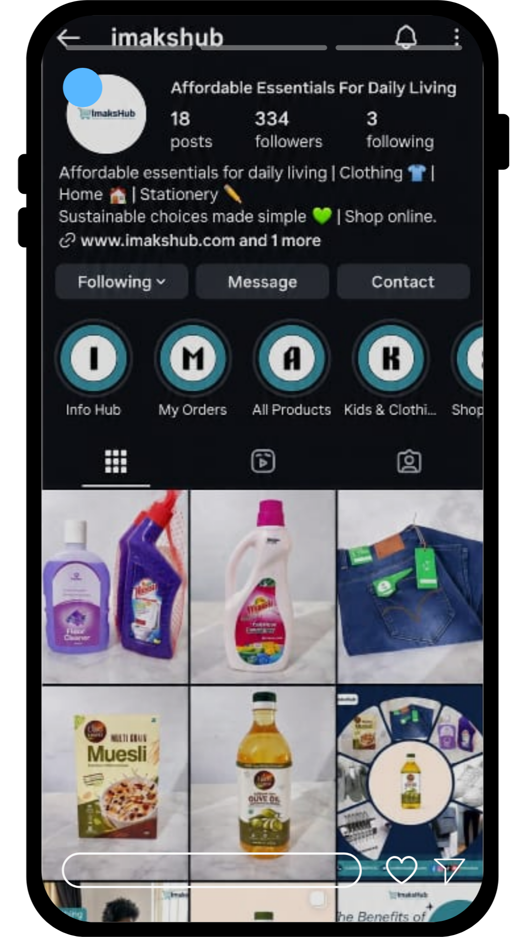ImaksHub Instagram profile showing bio, highlights and product grid