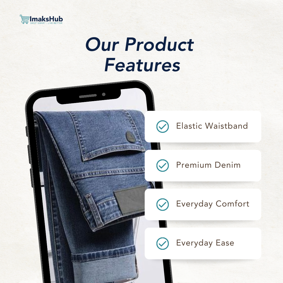 ImaksHub branded social media design listing product features for a denim trouser
