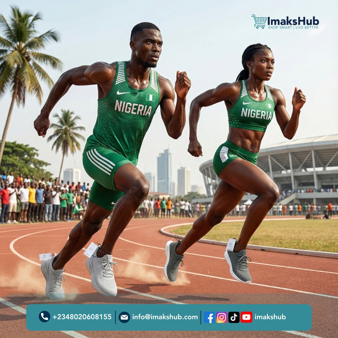 ImaksHub branded promotional design featuring athletes on a track wearing trainers