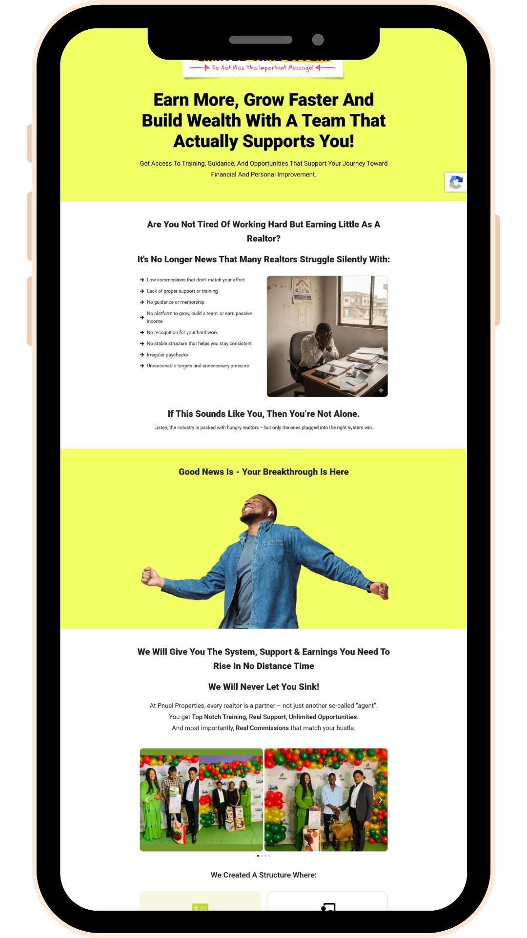 Pnuel Properties Limited realtor recruitment landing page displayed on a mobile device